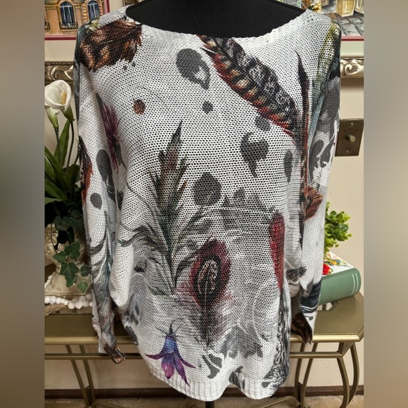 LUISA RICCI ITALY DOLMAN SLEEVE FLORAL FEATHER VIBRANT KNITTED SWEATER SZ M - Picture 10 of 10